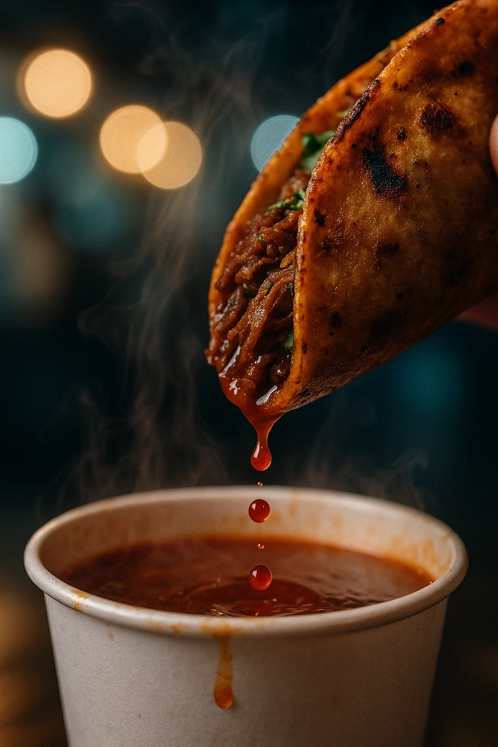 Birria taco being dipped into rich consommé, ruby drips suspended — macro 100 mm, steamy food-truck night scene.