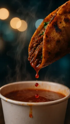 Birria taco being dipped into rich consommé, ruby drips suspended — macro 100 mm, steamy food-truck night scene.
