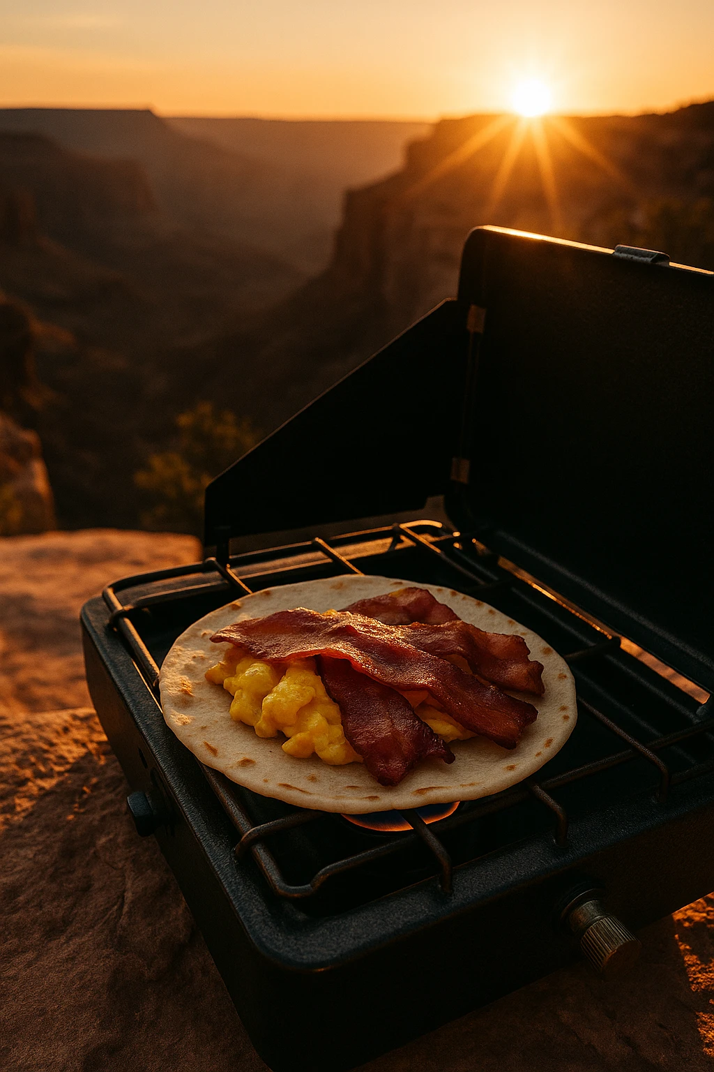 Sunrise bacon-egg breakfast taco on camp stove overlooking canyon — warm dawn rays, rugged outdoor vibe.