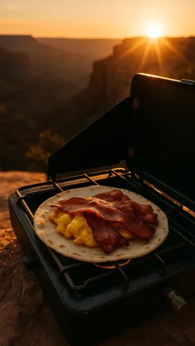 Sunrise bacon-egg breakfast taco on camp stove overlooking canyon — warm dawn rays, rugged outdoor vibe.