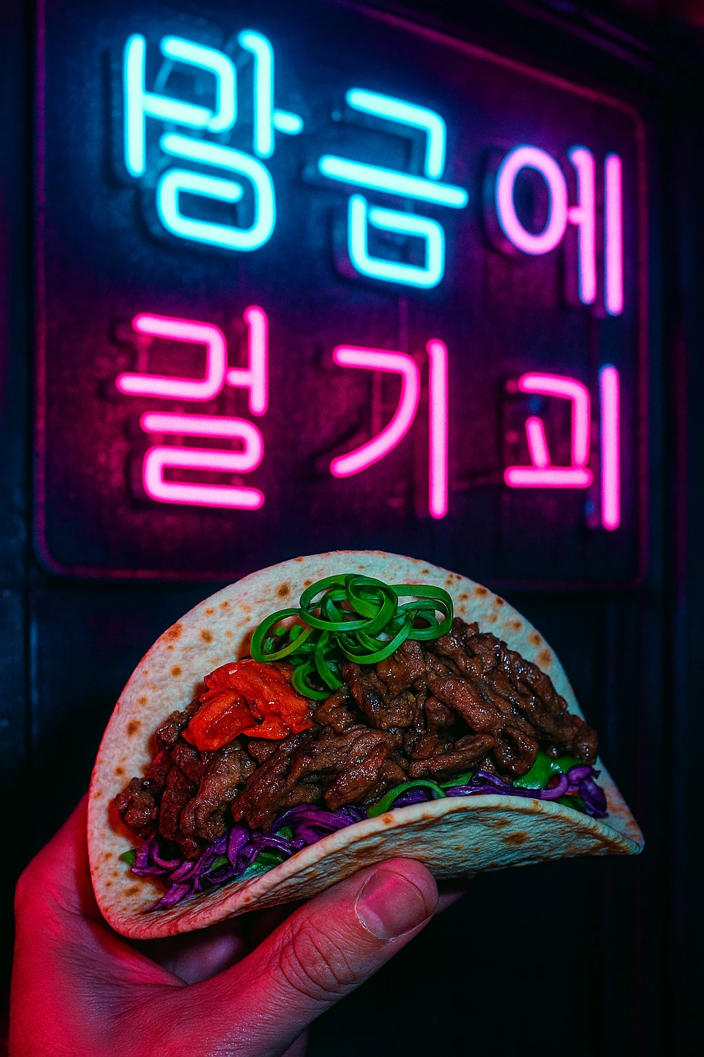 Korean bulgogi taco beneath neon Hangul signs in Seoul — cyberpunk magenta-cyan palette, handheld street flash.