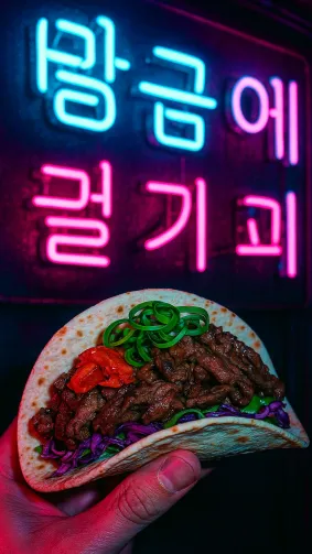 Korean bulgogi taco beneath neon Hangul signs in Seoul — cyberpunk magenta-cyan palette, handheld street flash.