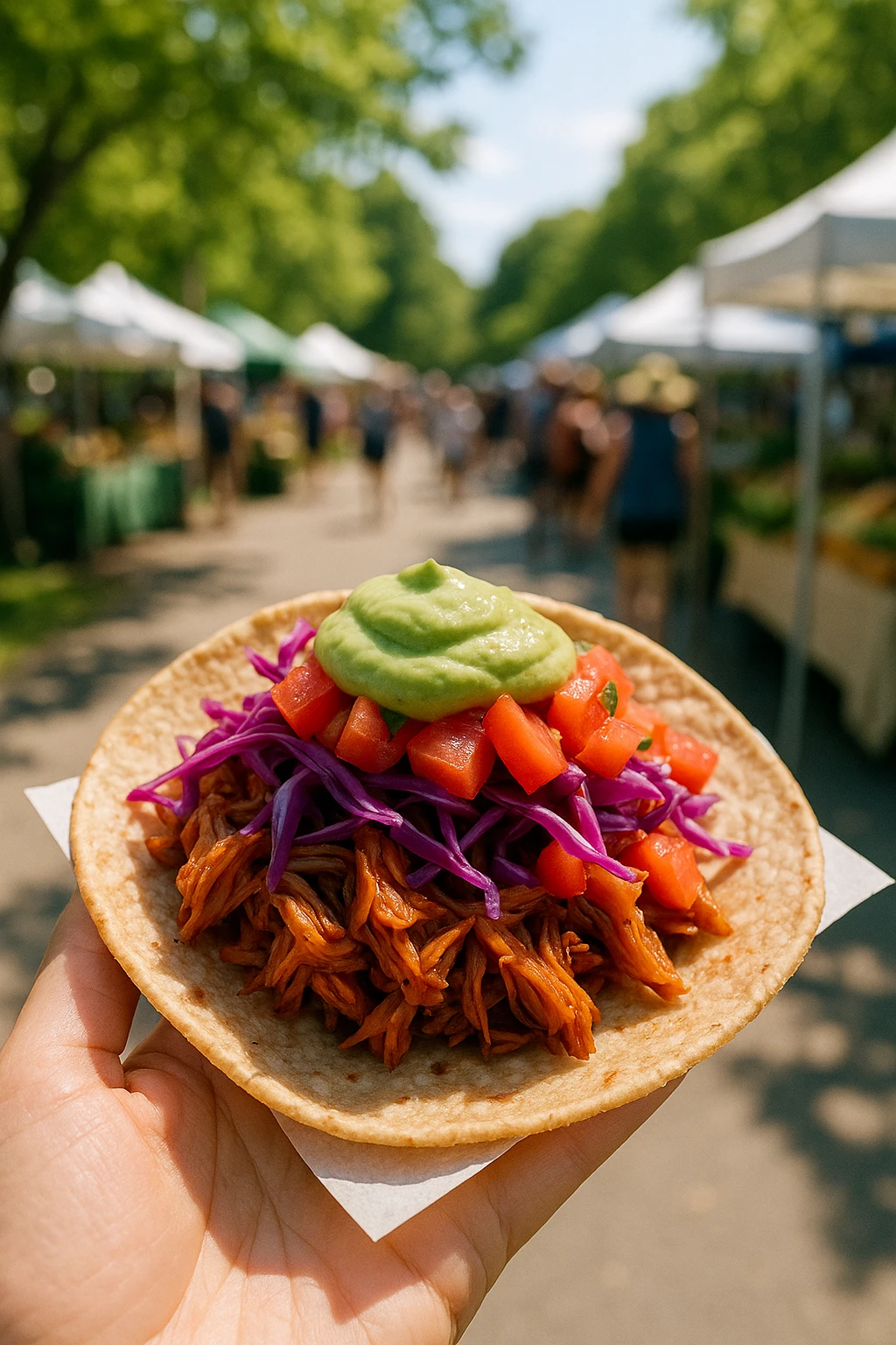 Pulled-jackfruit vegan taco with avocado crema at Sunday farmers market — bright natural light, wellness energy.