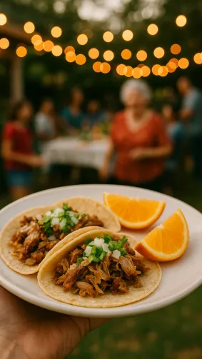 Carnitas taco plate with orange wedges at family backyard fiesta — fairy-light bokeh, candid celebration mood.