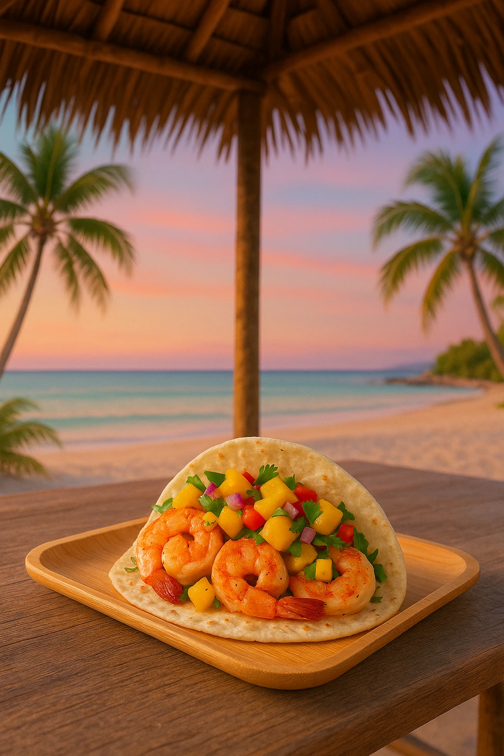 Shrimp-mango salsa taco on bamboo platter at tropical beach hut — pastel sunset gradient, laid-back vibe.