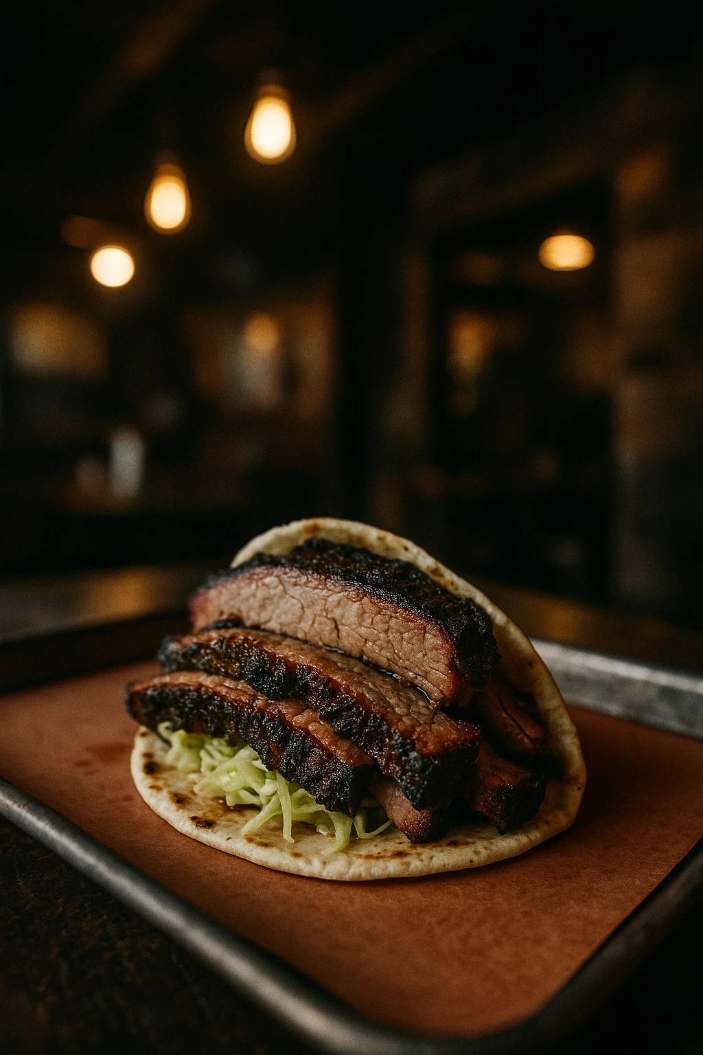 Brisket taco stacked on butcher-paper tray in smoky Austin joint — gritty tungsten bulbs, shallow DOF.
