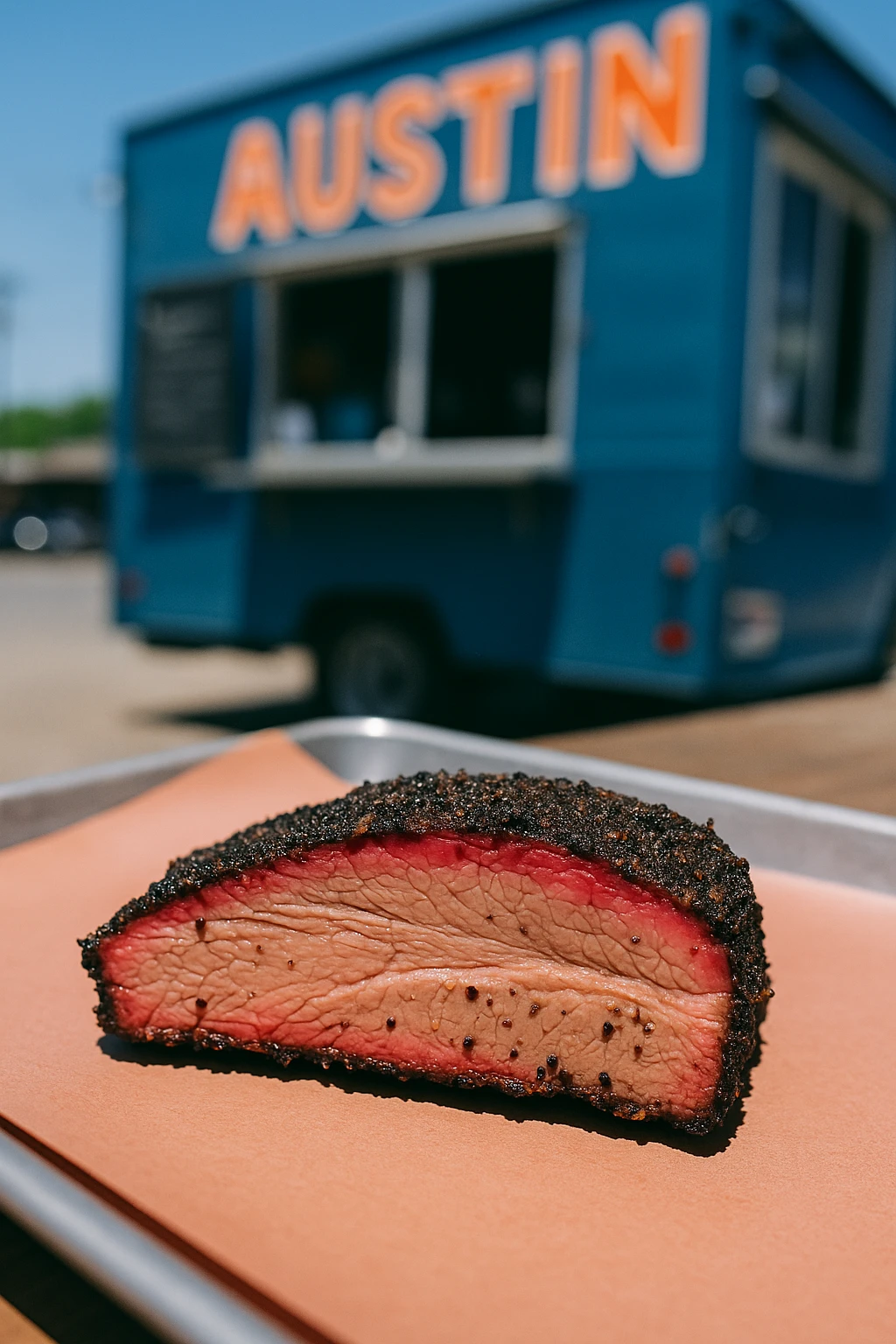 Pepper‑crusted brisket slice with a vivid pink smoke ring laid on butcher paper at an Austin food truck — harsh midday sun, handheld DSLR, shallow depth of field, street‑food energy.