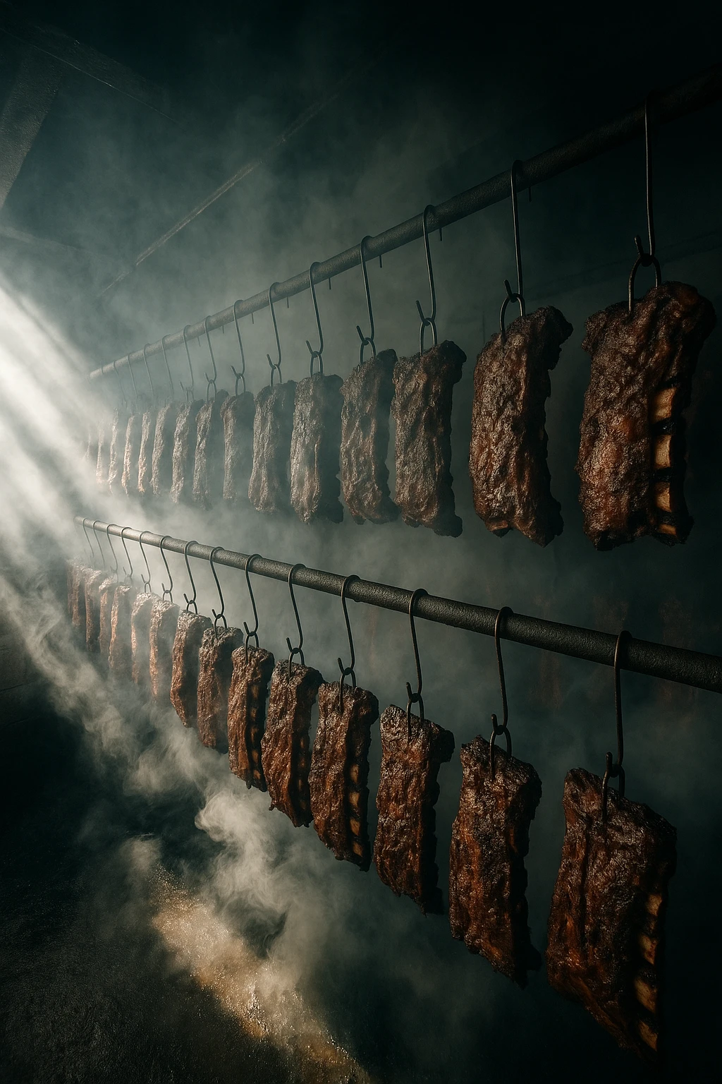 Inside the oak‑smoke pit: rows of hanging beef ribs drenched in rising steam — ultra‑wide documentary lens, shafts of light cutting through smoke.