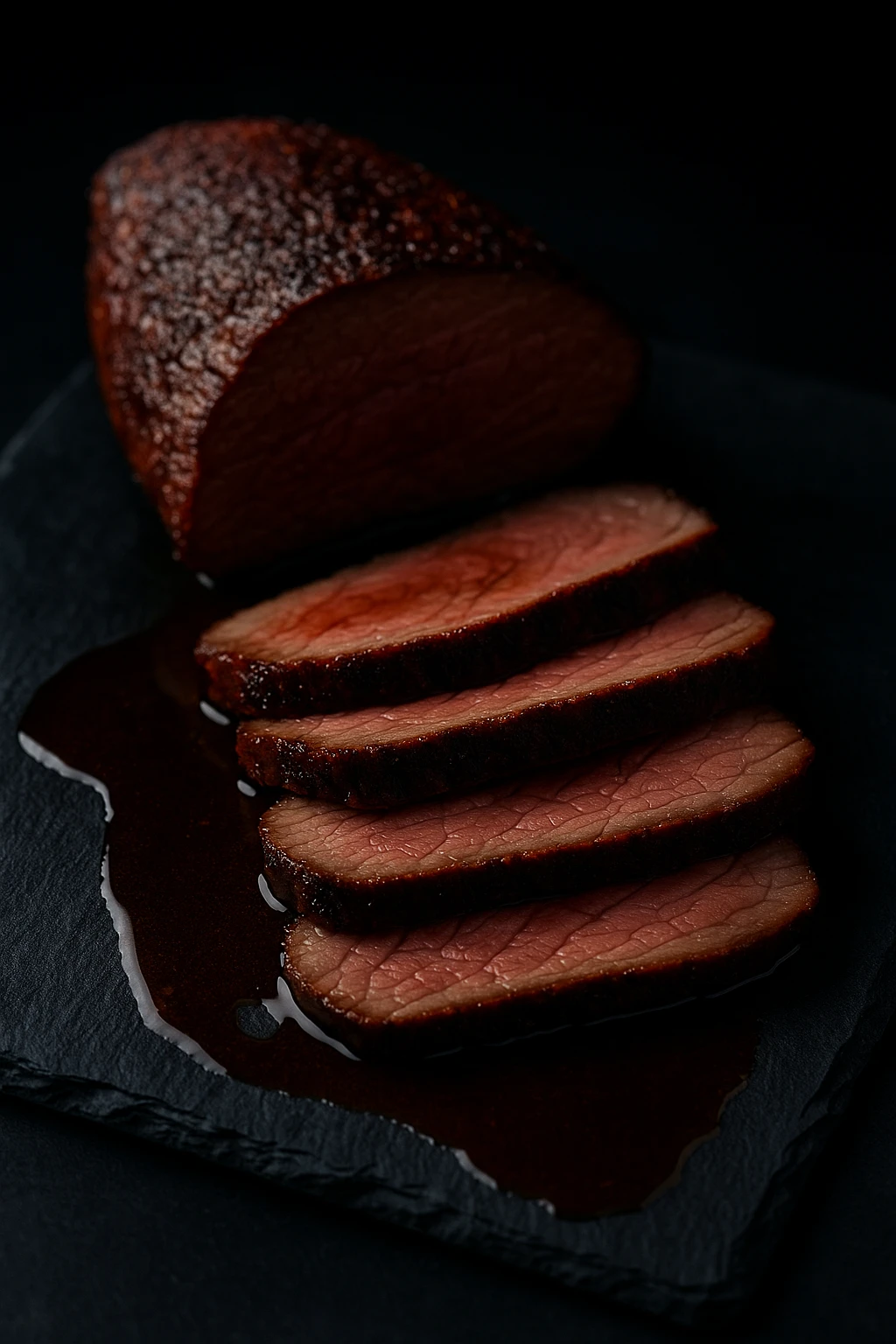 Reverse‑seared tri‑tip sliced on slate, juices pooling artistically — upscale craft‑BBQ plating, dark backdrop with rim lighting, 100 mm macro clarity.