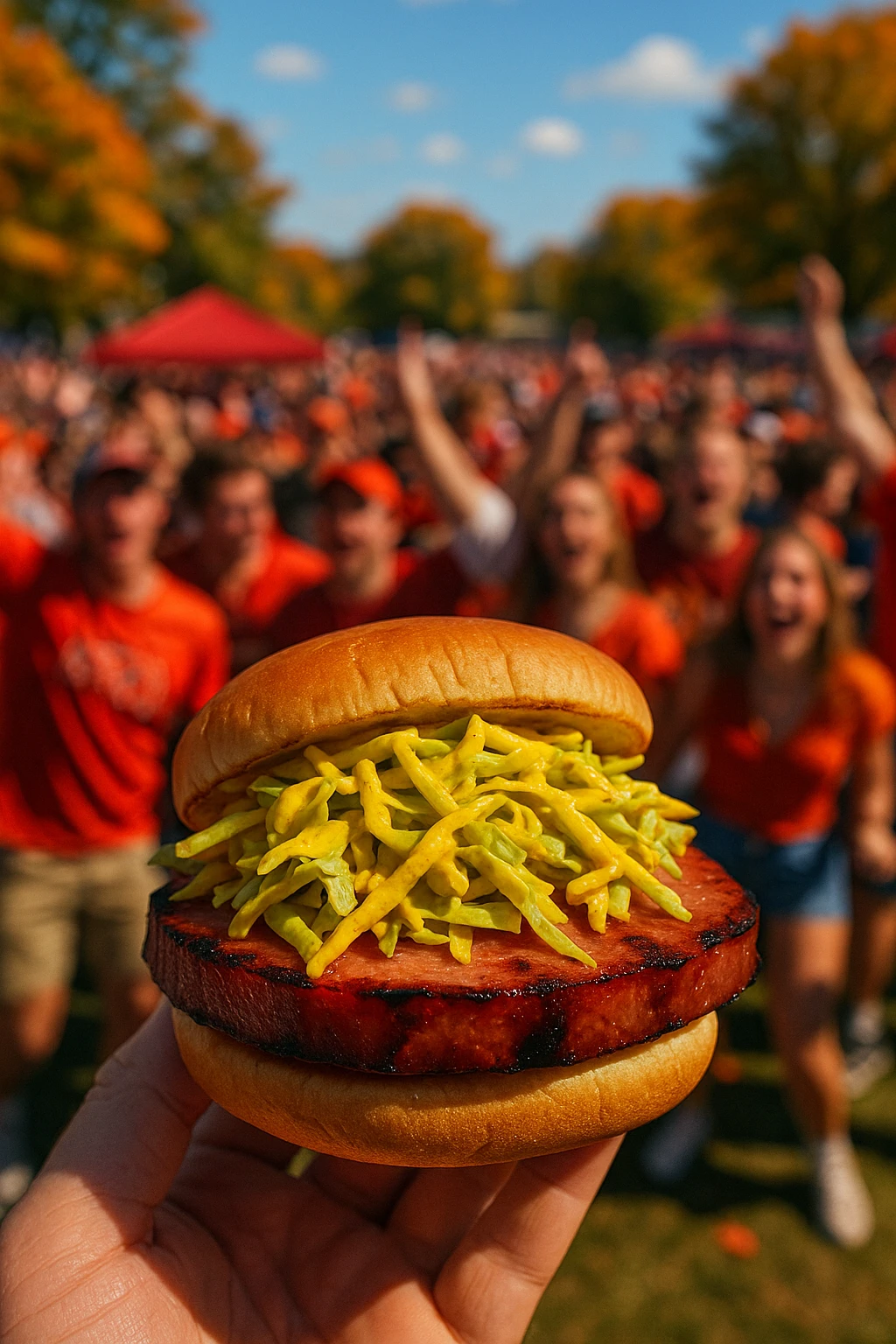 BBQ bologna sandwich topped with spicy mustard slaw, shot handheld at a rowdy college‑football tailgate — crowd motion blur, vibrant fall afternoon.