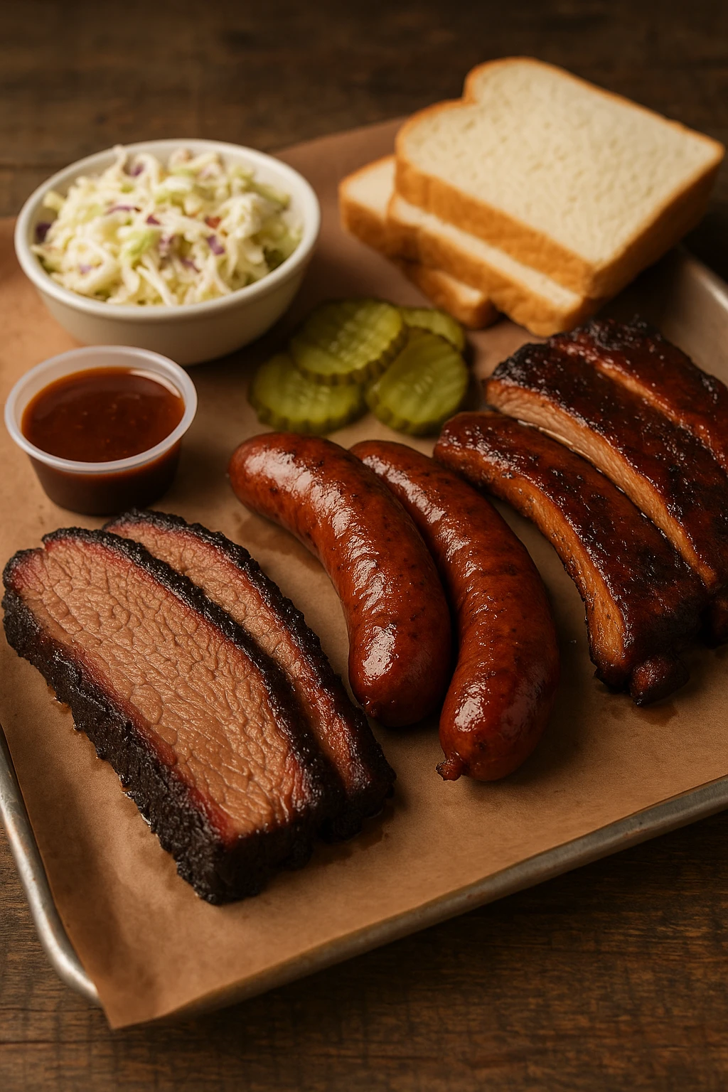 A close-up of a classic Texas BBQ platter on a rustic wooden table — tender smoked beef brisket with a dark bark and juicy pink smoke ring, spicy beef sausage links glistening with juices, and slow-cooked pork ribs with a rich glaze. Served with sides of creamy coleslaw, pickles, sliced white bread, and a small cup of tangy BBQ sauce. Natural lighting, shallow depth of field, focus on texture and meat details, with a warm, slightly smoky ambiance.