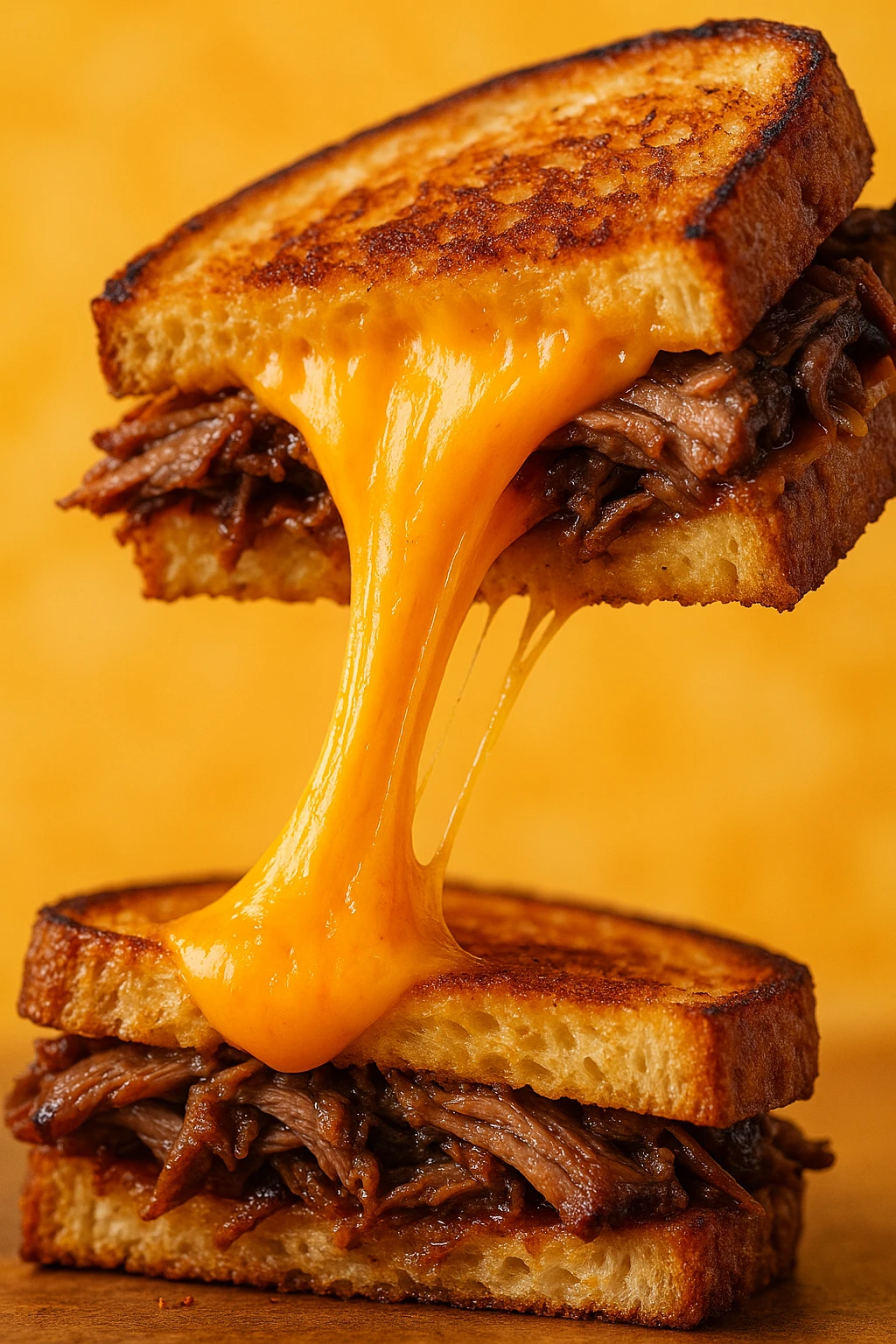 Brisket grilled‑cheese pull, gooey cheddar stretching in midair — bright food‑studio setup, macro lens, high‑speed capture of oozing cheese.