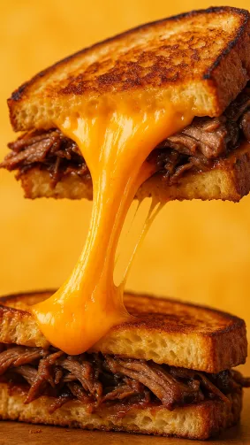 Brisket grilled‑cheese pull, gooey cheddar stretching in midair — bright food‑studio setup, macro lens, high‑speed capture of oozing cheese.