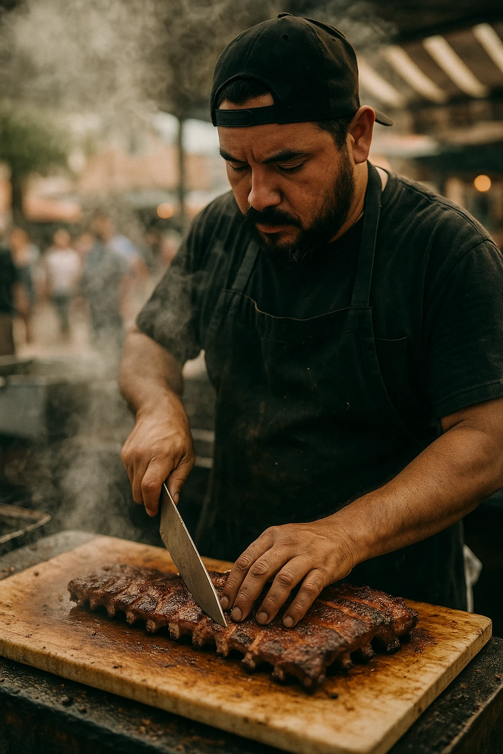 Pitmaster carving pork spare ribs at a San Antonio market stall — swirling steam and smoke, candid 50 mm street‑photo style.