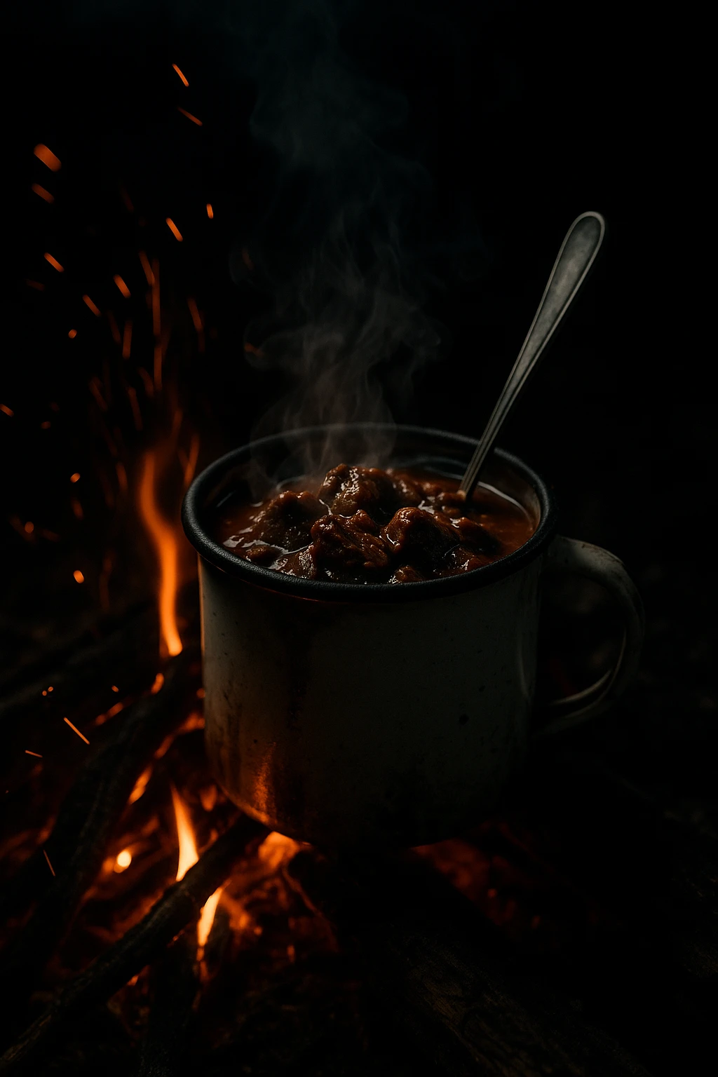 Smoky brisket chili served in an enamel mug over live fire, sparks illuminating the dark — moody noir lighting, shallow depth of field.