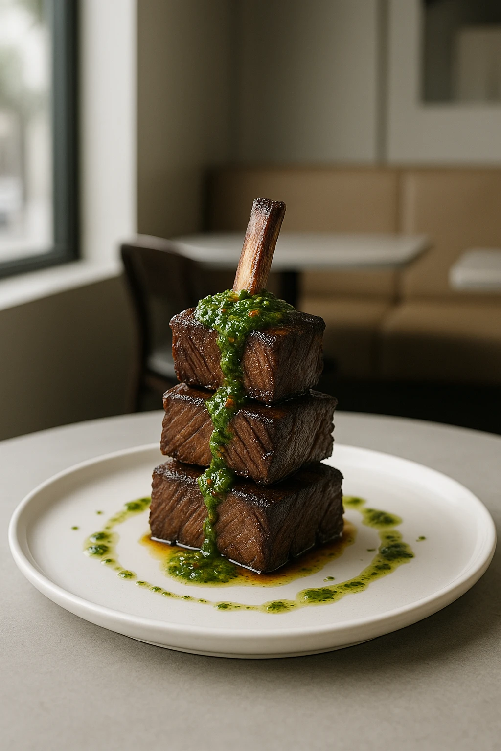 Beef short‑rib tower with chimichurri drizzle on white porcelain in a modern Tex‑Mex fusion bistro — soft diffused window light, minimalist high‑end aesthetic.