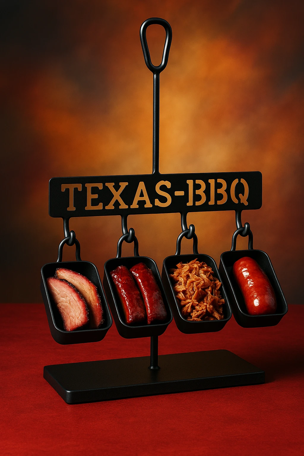 Texas‑BBQ sampler flight presented on a custom branding‑iron stand against an abstract backdrop — studio strobes, glossy magazine product shot.