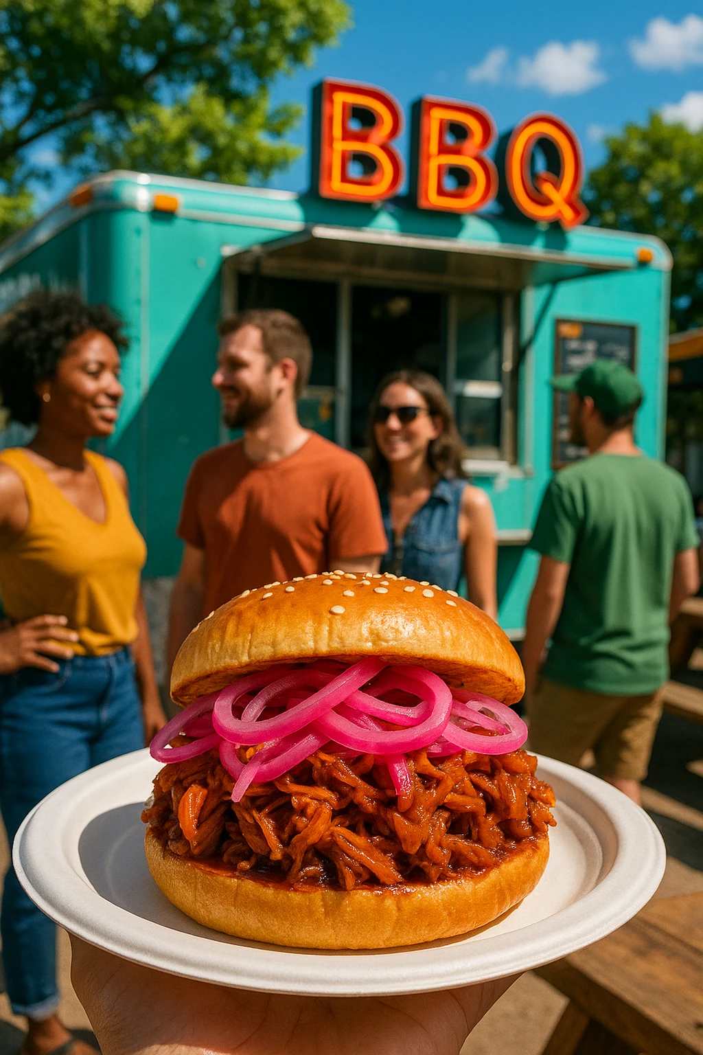 Smoked‑jackfruit vegan 'pulled‑pork' sandwich with pickled red onions at an Austin plant‑based BBQ truck — sunny afternoon, vivid color pop, inclusive street‑food vibe.