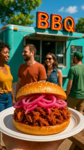Smoked‑jackfruit vegan 'pulled‑pork' sandwich with pickled red onions at an Austin plant‑based BBQ truck — sunny afternoon, vivid color pop, inclusive street‑food vibe.