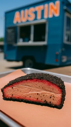 Pepper‑crusted brisket slice with a vivid pink smoke ring laid on butcher paper at an Austin food truck — harsh midday sun, handheld DSLR, shallow depth of field, street‑food energy.