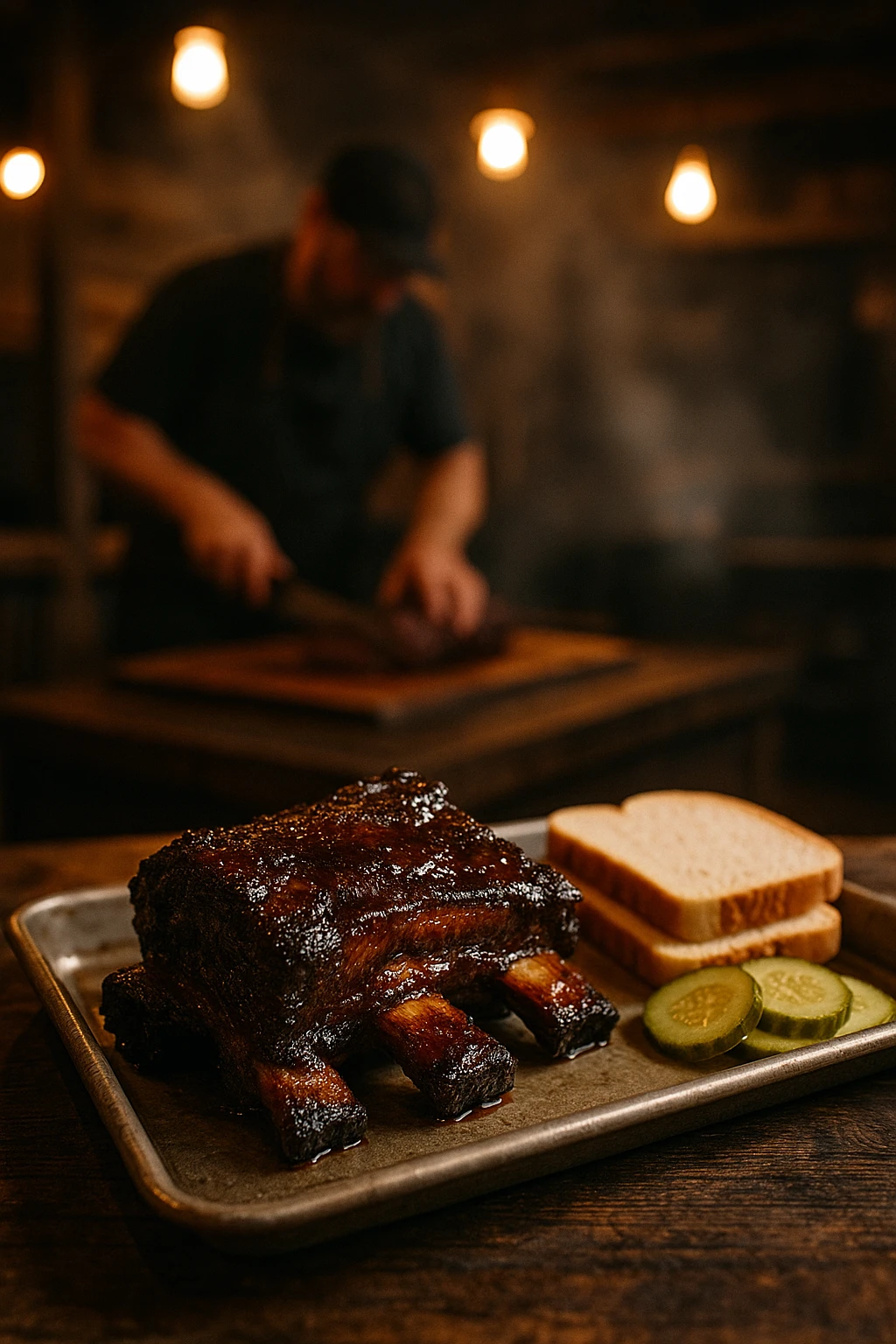 Sticky glazed beef ribs on a metal tray with pickles and white bread, pitmaster slicing in the blurred background of a rustic smokehouse — warm tungsten bulbs, 35 mm prime, rich wood‑smoke haze.