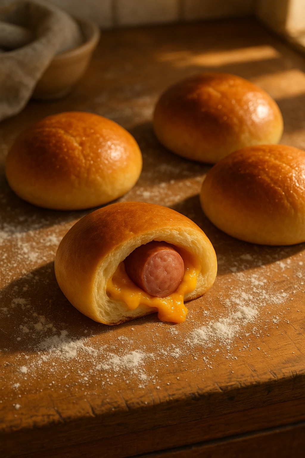 Kolache stuffed with smoked sausage and cheddar on a rustic bakery countertop dusted with flour — warm morning sunlight, cozy hometown feeling.