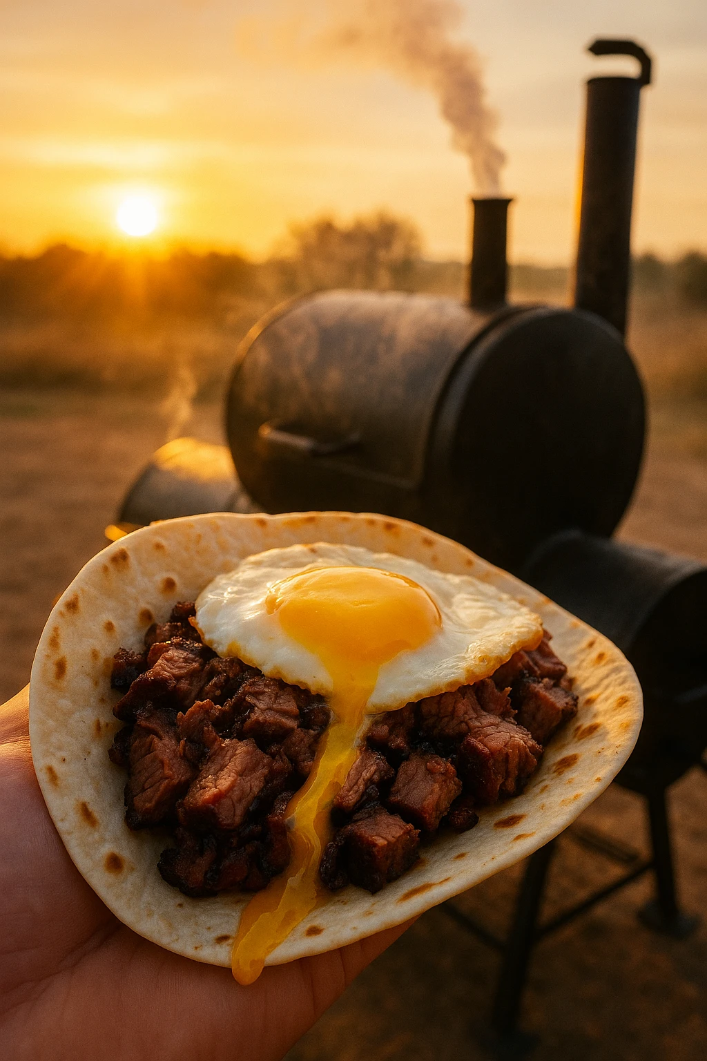 Breakfast brisket-and-egg taco wrapped in flour tortilla, yolk spilling over smoky chopped beef, captured at sunrise beside a glowing offset smoker — warm dawn rays, candid pit-side vibe.