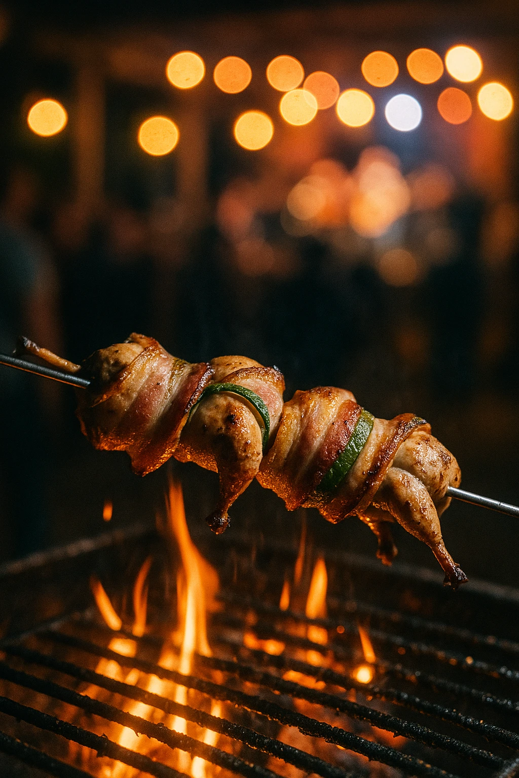 Mesquite-smoked quail poppers wrapped in jalapeño bacon, skewered over live fire at a Hill Country music festival — stage-light bokeh, handheld documentary energy.