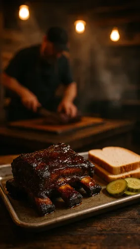 Sticky glazed beef ribs on a metal tray with pickles and white bread, pitmaster slicing in the blurred background of a rustic smokehouse — warm tungsten bulbs, 35 mm prime, rich wood‑smoke haze.