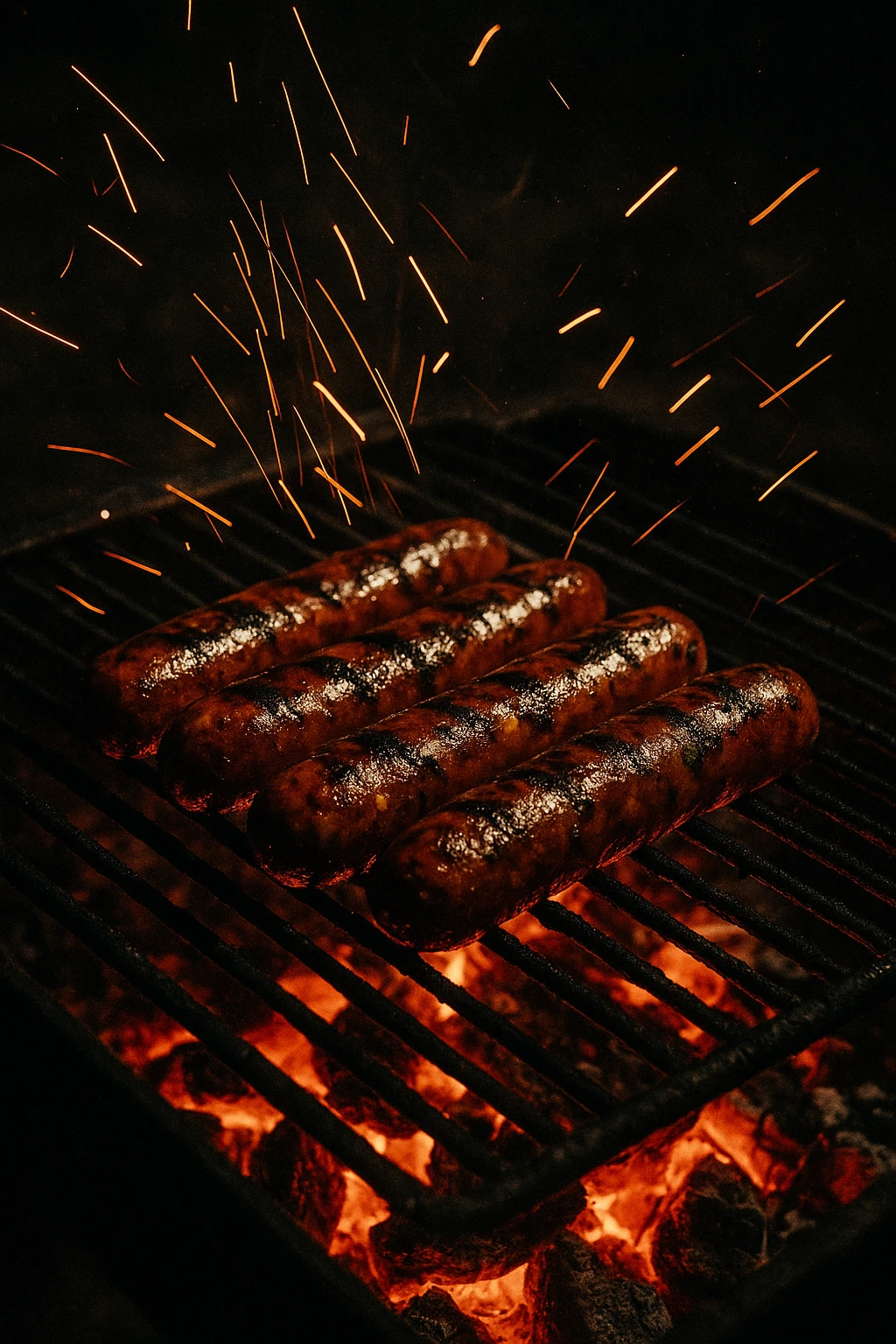 Jalapeño‑cheddar beef‑sausage links sizzling over glowing mesquite, sparks frozen midair at a nighttime cook‑off — high shutter speed, dramatic ember trails, gritty reportage style.