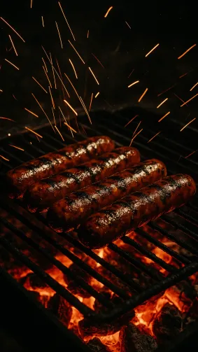 Jalapeño‑cheddar beef‑sausage links sizzling over glowing mesquite, sparks frozen midair at a nighttime cook‑off — high shutter speed, dramatic ember trails, gritty reportage style.
