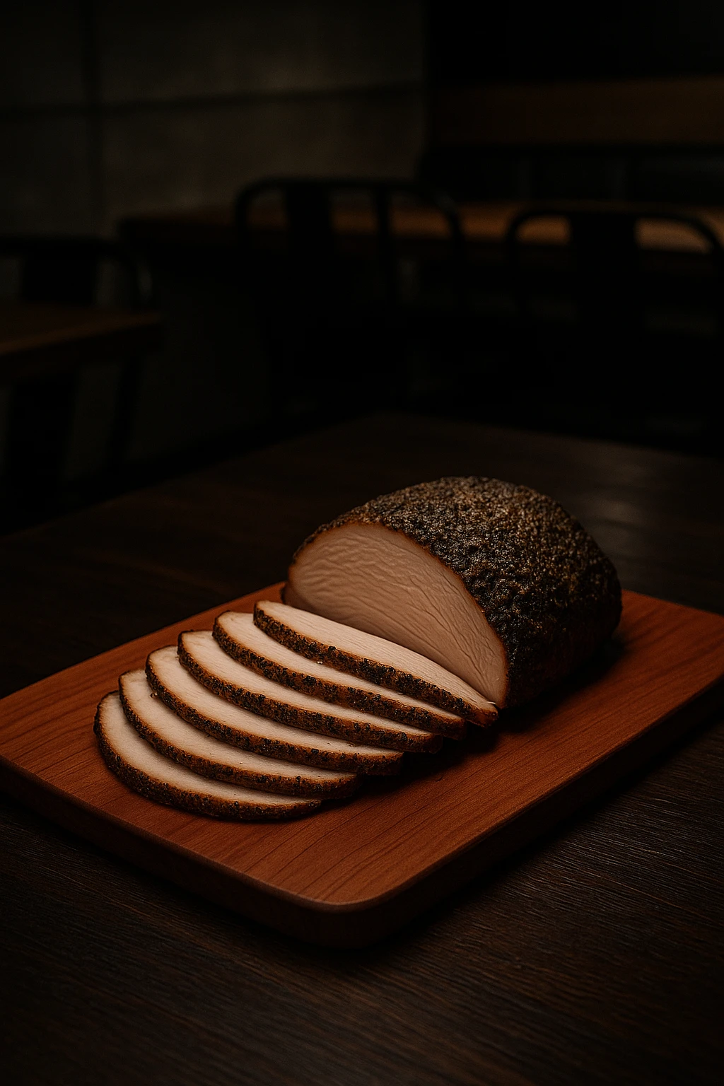 Herb‑rubbed smoked turkey breast fanned on a cherry‑wood board in a sleek craft‑BBQ dining room — single moody overhead softbox, 85 mm lens for velvet meat texture.