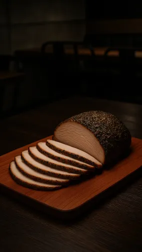 Herb‑rubbed smoked turkey breast fanned on a cherry‑wood board in a sleek craft‑BBQ dining room — single moody overhead softbox, 85 mm lens for velvet meat texture.