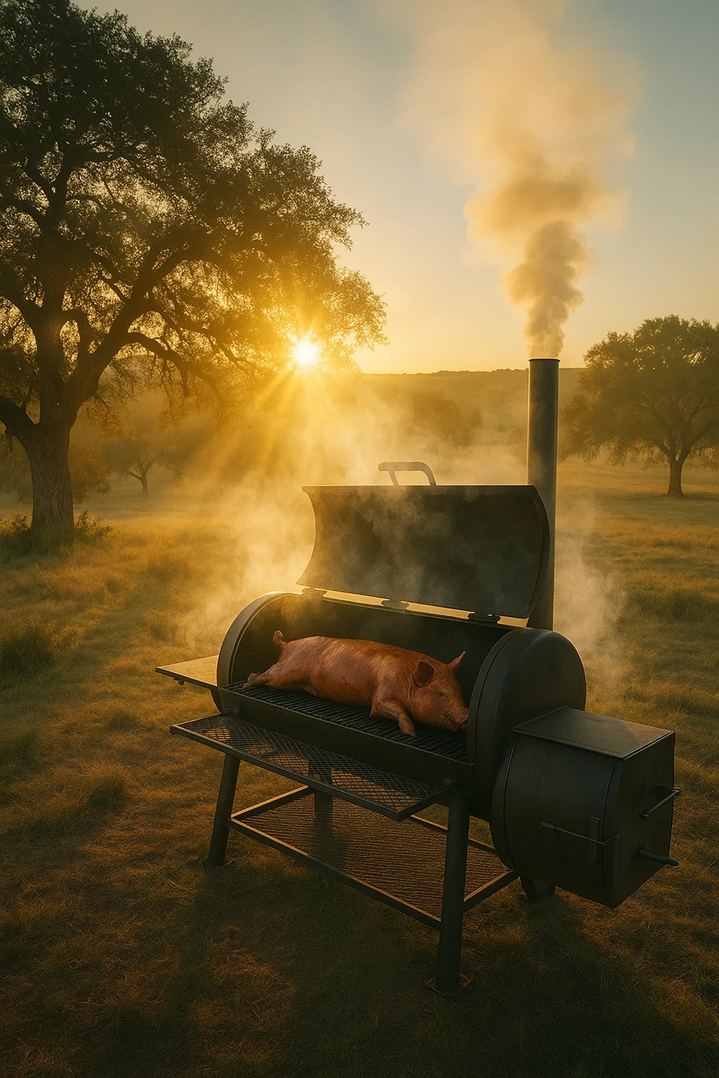 Whole hog resting in an offset smoker at dawn on a Hill Country ranch, golden sunrise rays piercing oak‑tree smoke — cinematic drone wide shot, epic pastoral vibe.