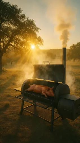 Whole hog resting in an offset smoker at dawn on a Hill Country ranch, golden sunrise rays piercing oak‑tree smoke — cinematic drone wide shot, epic pastoral vibe.