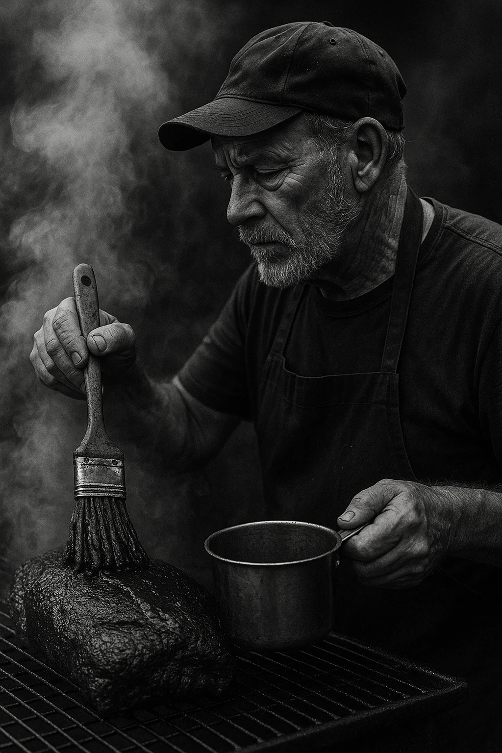 Pitmaster mopping a beef shoulder with secret sauce, engulfed in billowing blue smoke — monochrome film aesthetic, tight 50 mm portrait framing.