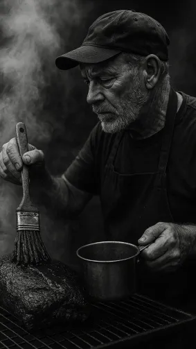 Pitmaster mopping a beef shoulder with secret sauce, engulfed in billowing blue smoke — monochrome film aesthetic, tight 50 mm portrait framing.