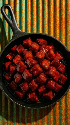Caramel‑crusted burnt ends piled high in a cast‑iron skillet, honey glaze glistening — top‑down shot on corrugated metal table, punchy editorial color grade.