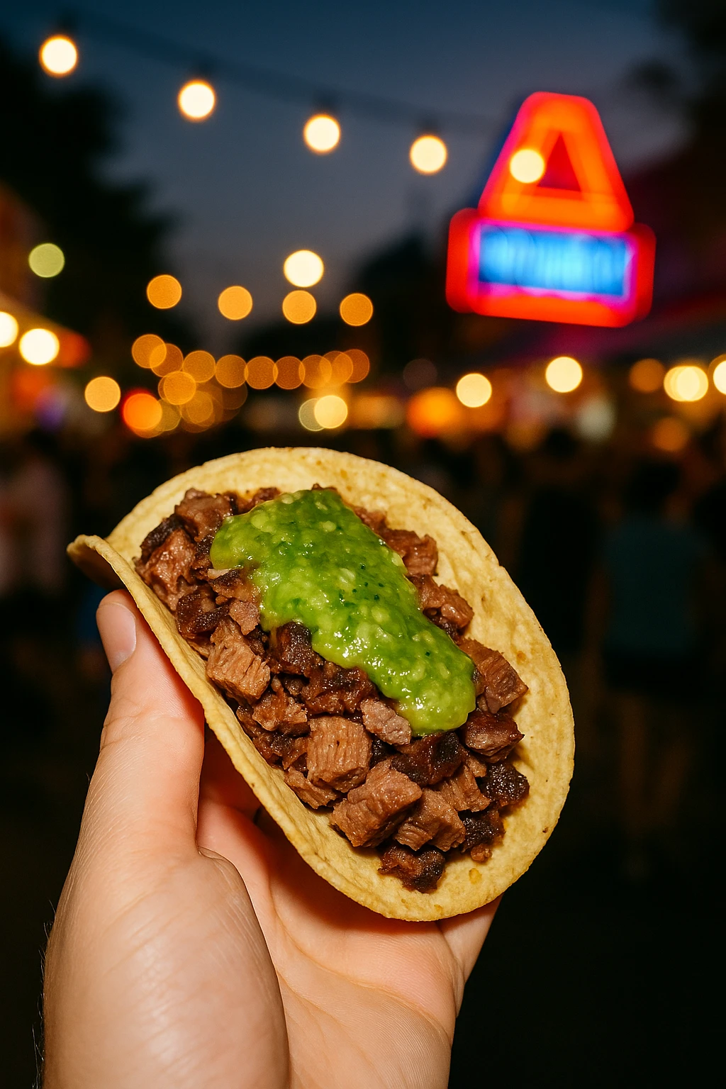 Brisket taco packed with chopped beef and salsa verde on a handmade corn tortilla at a buzzing street fair — neon sign bokeh at dusk, handheld flash.