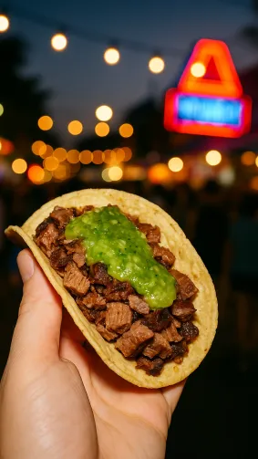 Brisket taco packed with chopped beef and salsa verde on a handmade corn tortilla at a buzzing street fair — neon sign bokeh at dusk, handheld flash.
