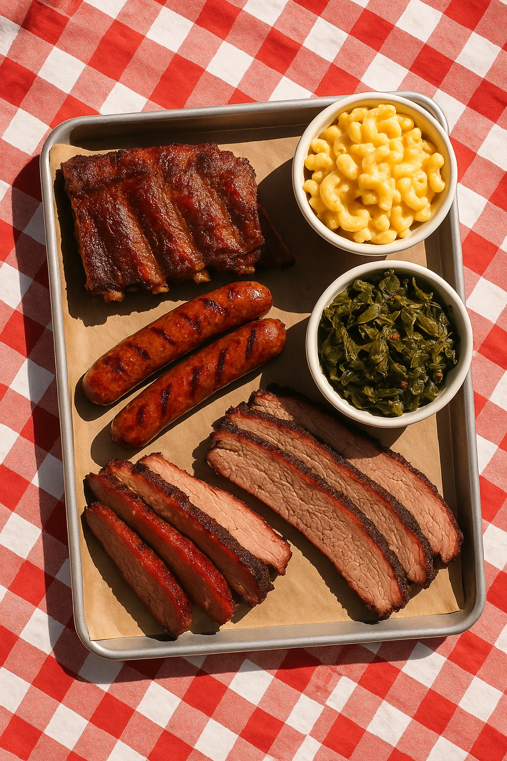 Family‑style tray of pork ribs, sausage, brisket, mac‑n‑cheese, and collards on a picnic table with red‑check cloth — bright natural light, overhead lifestyle capture.